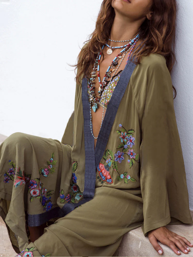 Nightwear Flower Embroidered Army-Green Color Cotton Long Length Gown Robe - Image 3