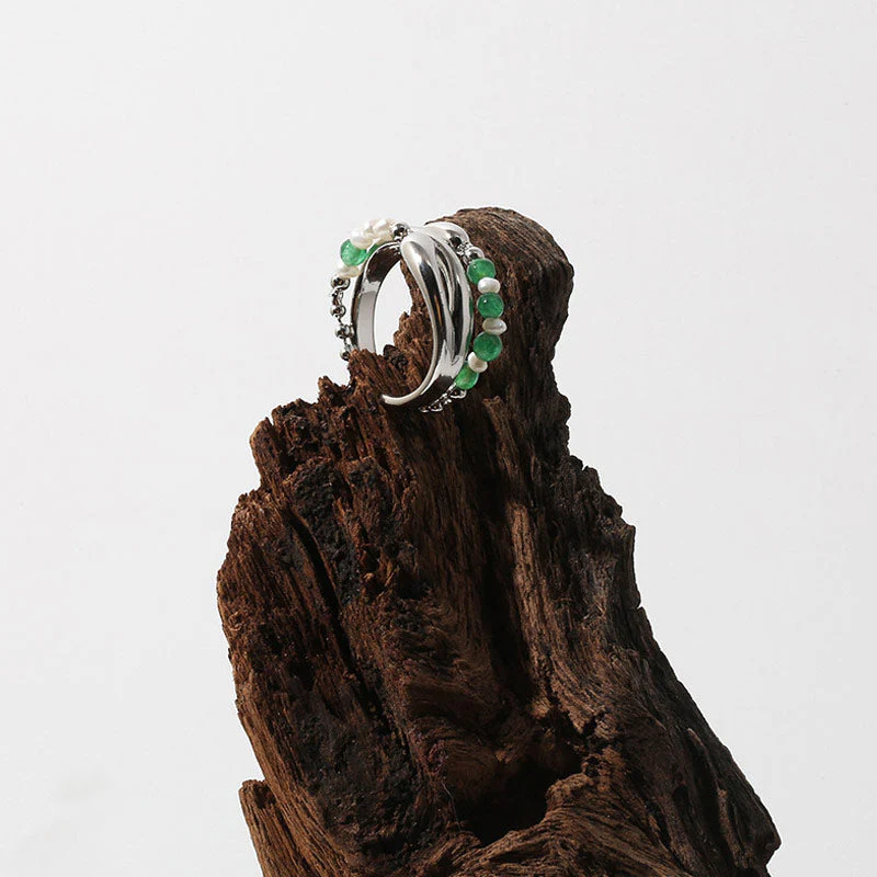 Personality Pearl Gemstone Beaded Layered Open Cuff Ring - Silver - Image 4