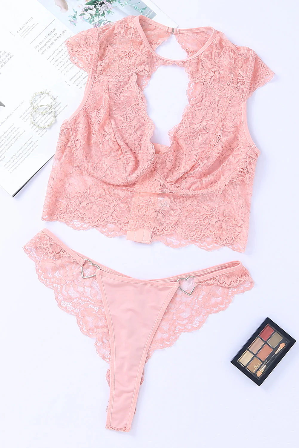 Pink 2Pcs Cutout Lace Bustier Lingerie Set - Image 5