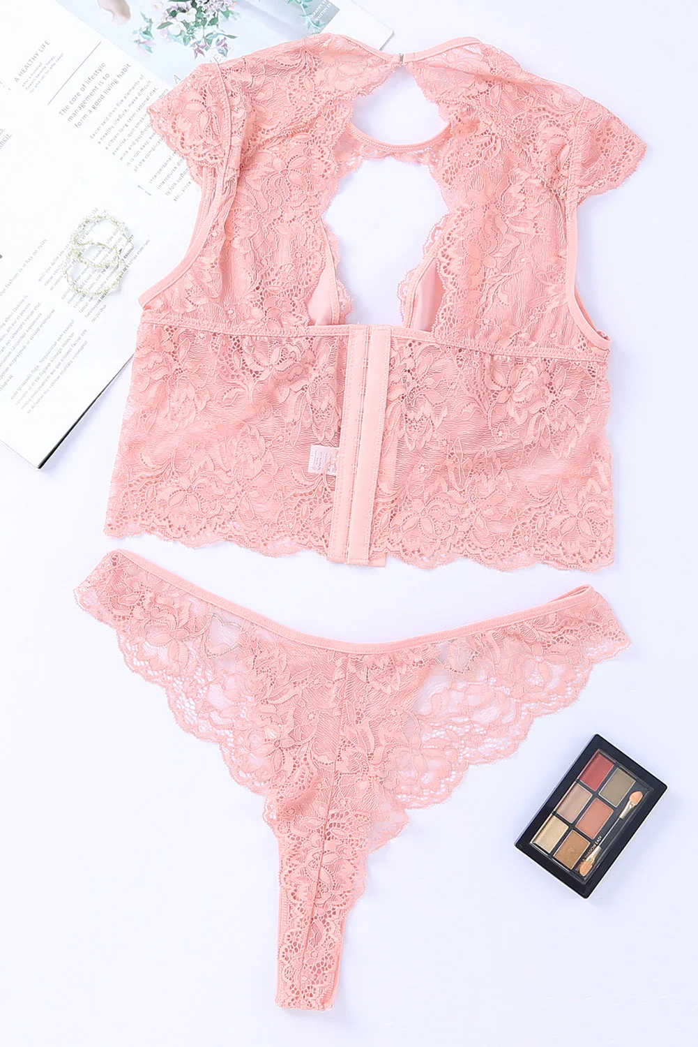 Pink 2Pcs Cutout Lace Bustier Lingerie Set - Image 6