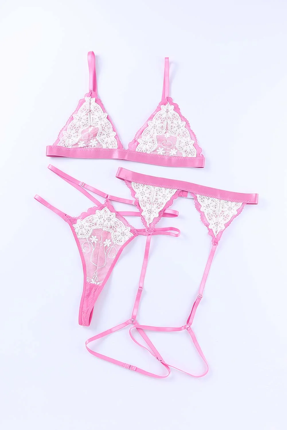 Pink 3Pcs Color Block Lace Bralette Lingerie Set - Image 6