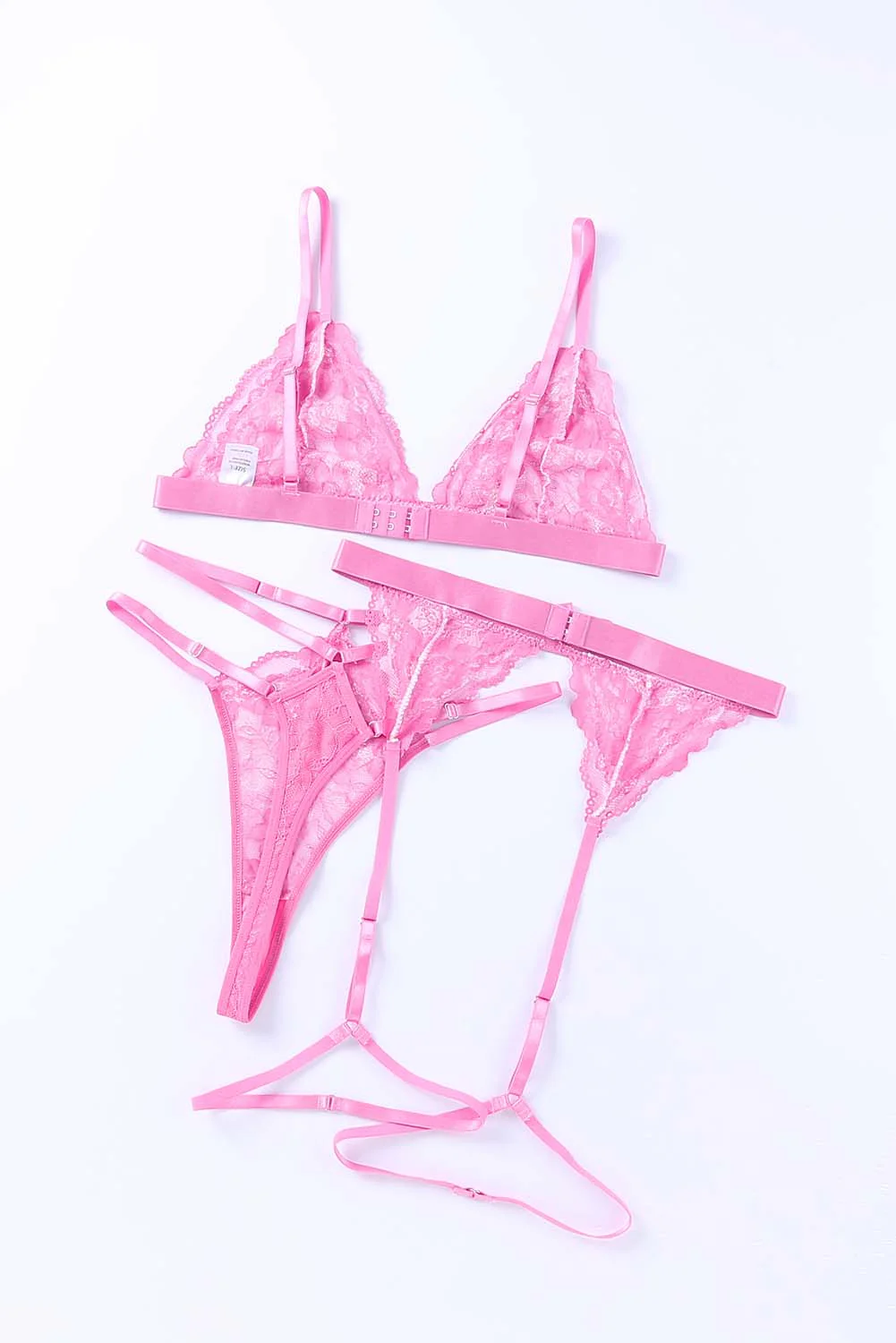 Pink 3Pcs Color Block Lace Bralette Lingerie Set - Image 7