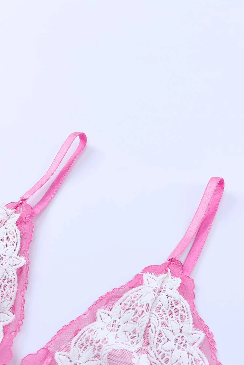 Pink 3Pcs Color Block Lace Bralette Lingerie Set - Image 9