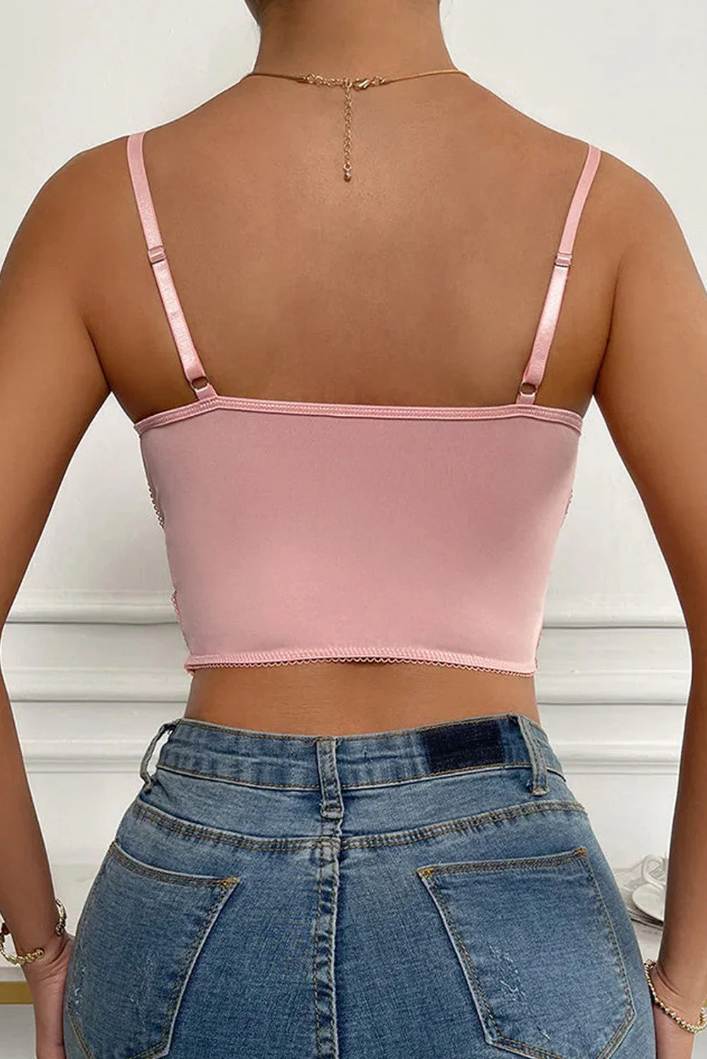Pink Embroidered Butterfly Side Tie Mesh Bustier Bralette - Image 2
