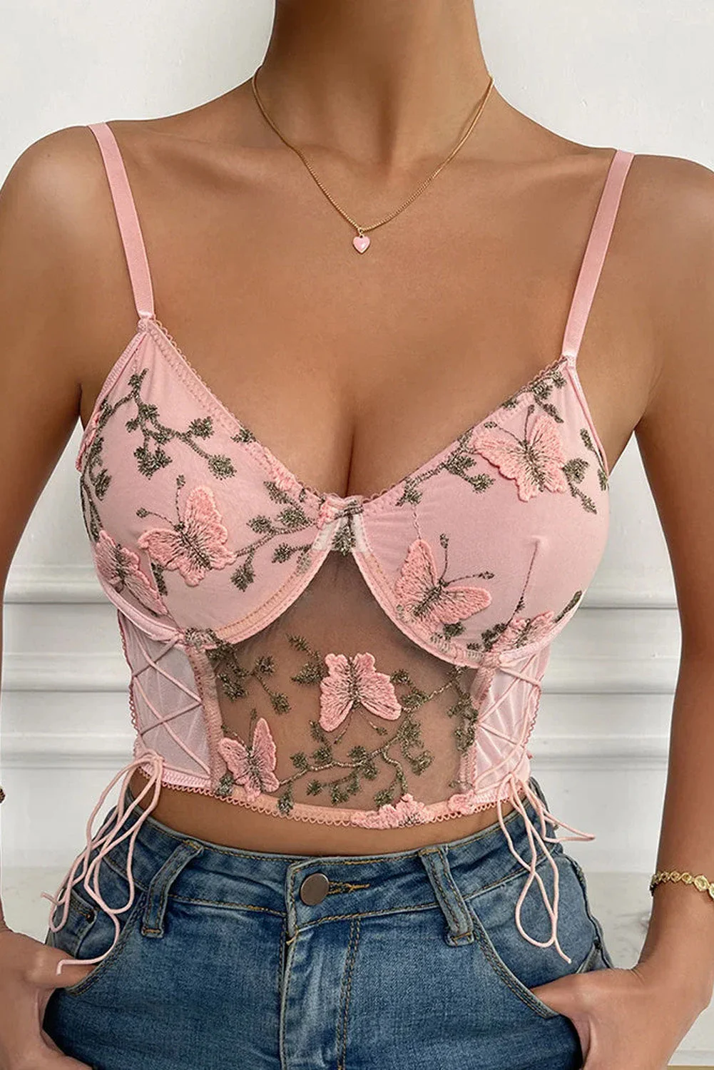 Pink Embroidered Butterfly Side Tie Mesh Bustier Bralette - Image 4