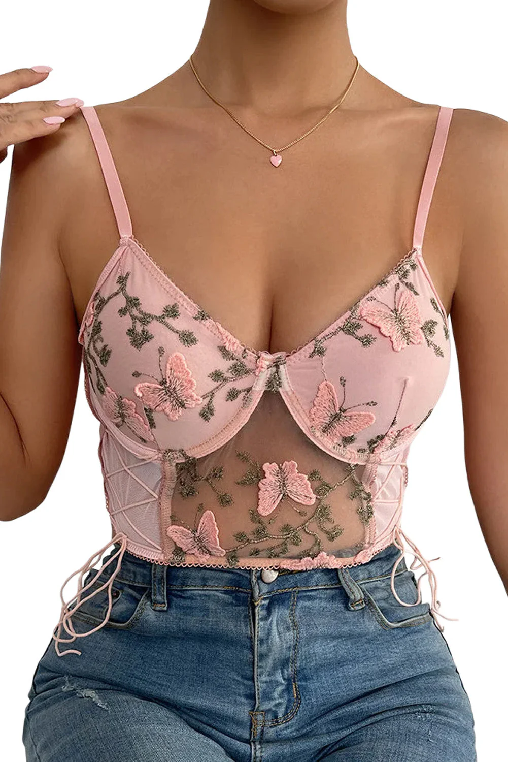 Pink Embroidered Butterfly Side Tie Mesh Bustier Bralette - Image 6