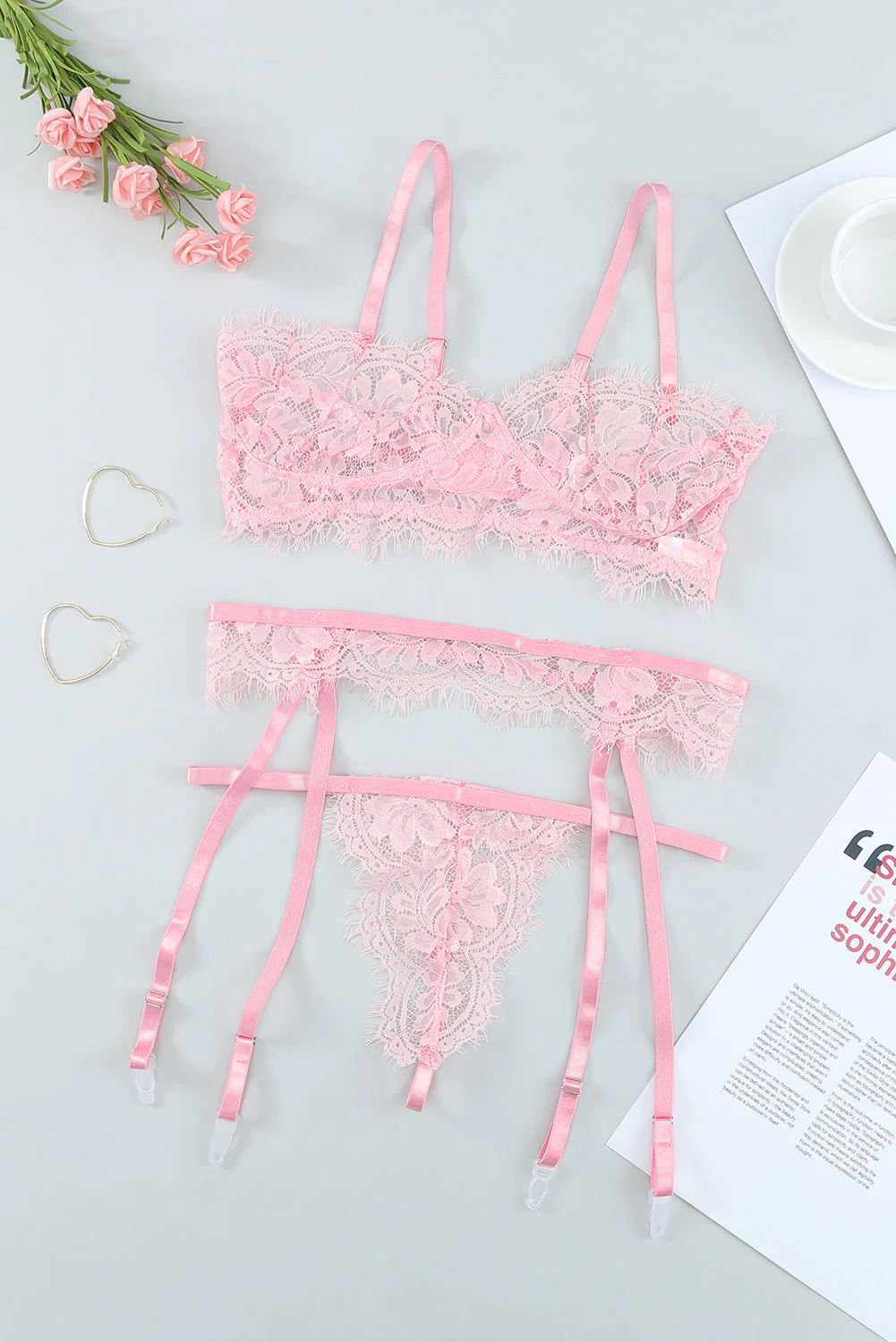 Pink Eyelash Trim Lace Bralette Set With Garter Belt - Image 4
