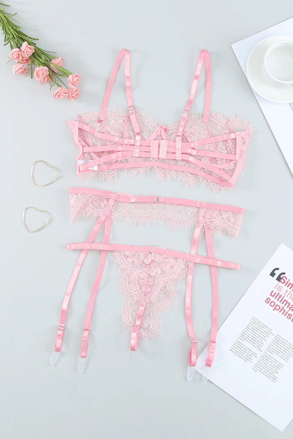 Pink Eyelash Trim Lace Bralette Set With Garter Belt - Image 5
