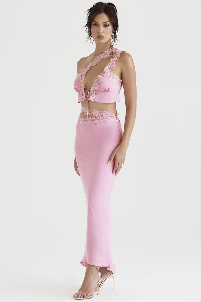 Pink Floaty Cropped Top+Lace Trim Maxi Skirt - Image 4