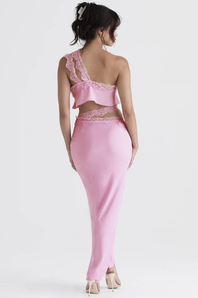 Pink Floaty Cropped Top+Lace Trim Maxi Skirt - Image 6