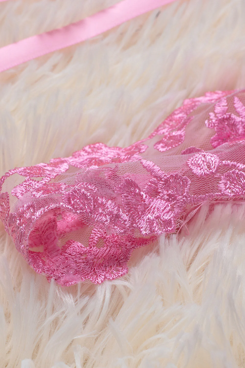 Pink Floral Embroidery Mesh Lace-Up Bra And Panty Set - Image 14