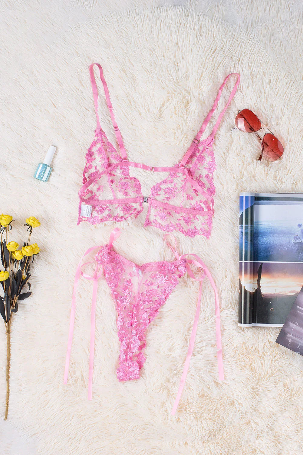Pink Floral Embroidery Mesh Lace-Up Bra And Panty Set - Image 8