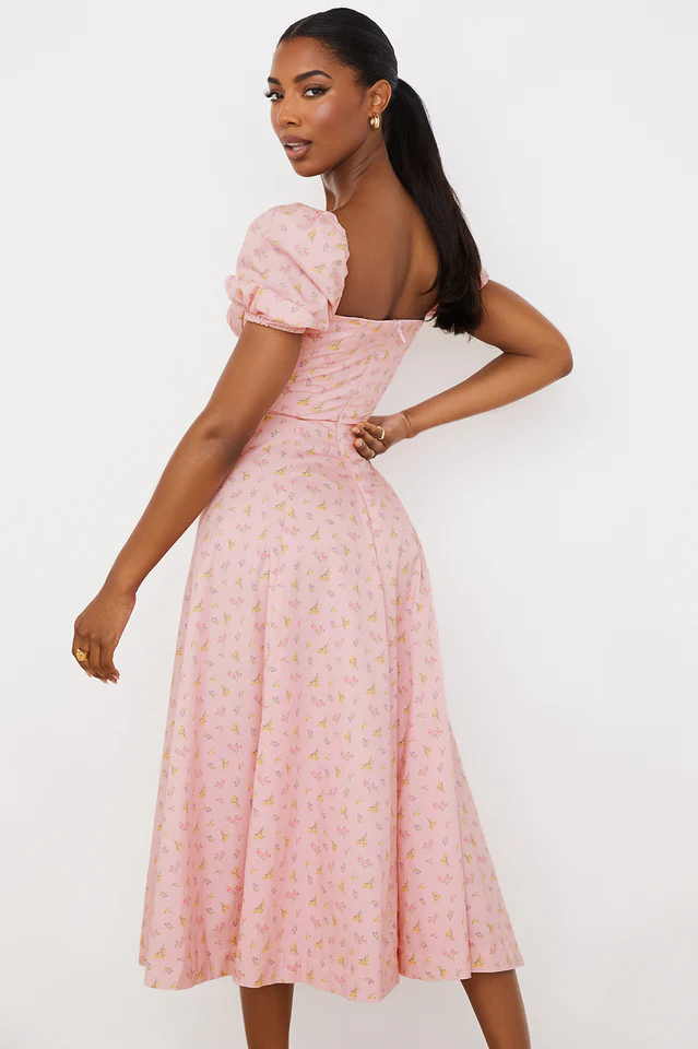 Pink Printed Puff Sleeve Midi Dress - Image 3