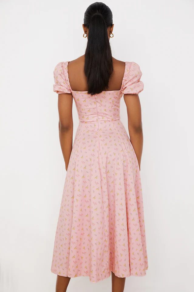 Pink Printed Puff Sleeve Midi Dress - Image 4