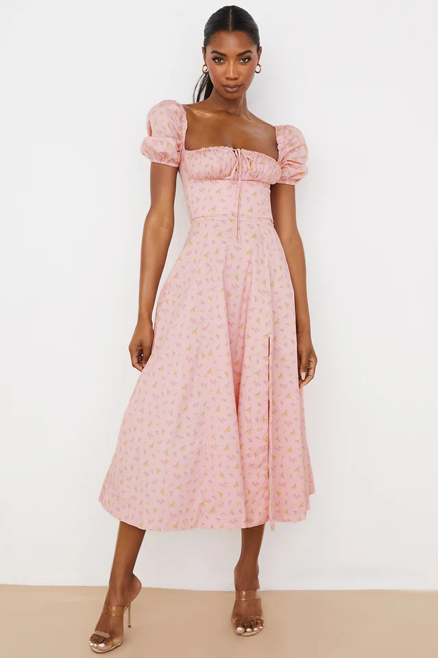 Pink Printed Puff Sleeve Midi Dress - Image 5