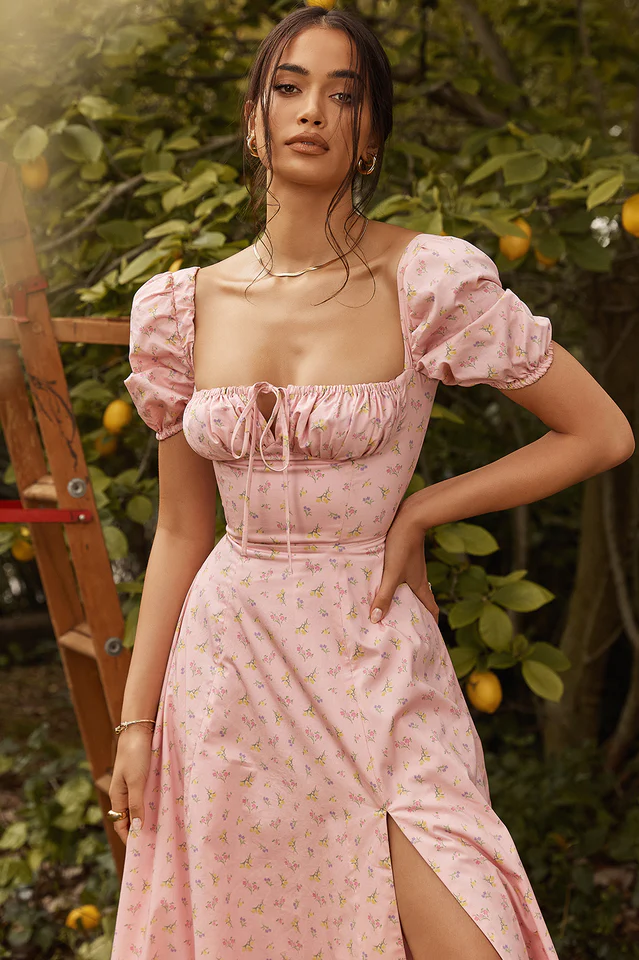 Pink Printed Puff Sleeve Midi Dress - Image 6