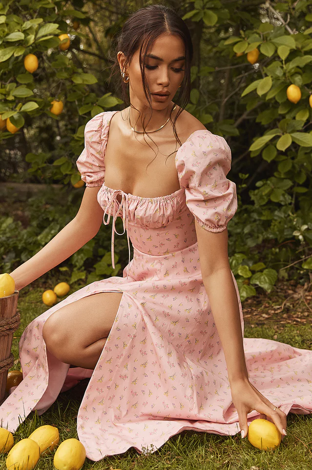 Pink Printed Puff Sleeve Midi Dress - Image 8
