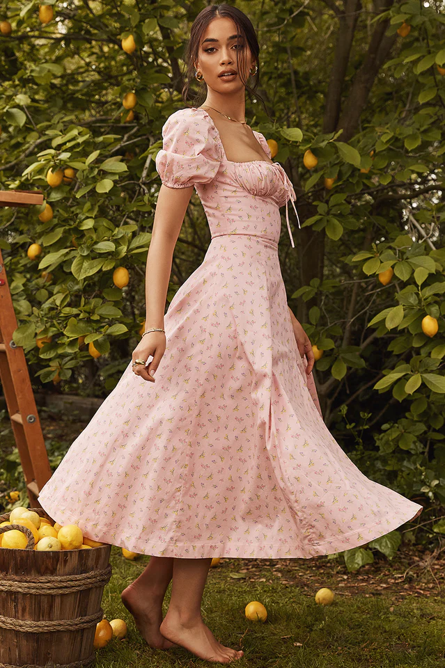 Pink Printed Puff Sleeve Midi Dress - Image 9