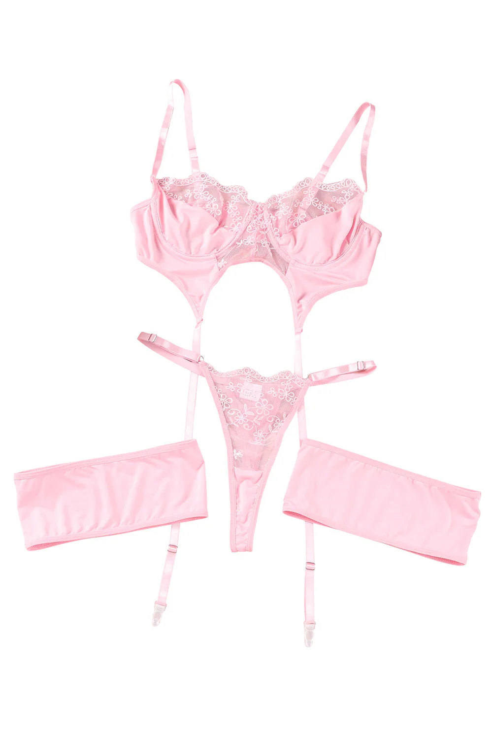 Pink Sheer Lace 3Pcs Garter Belt Lingerie Set - Image 18
