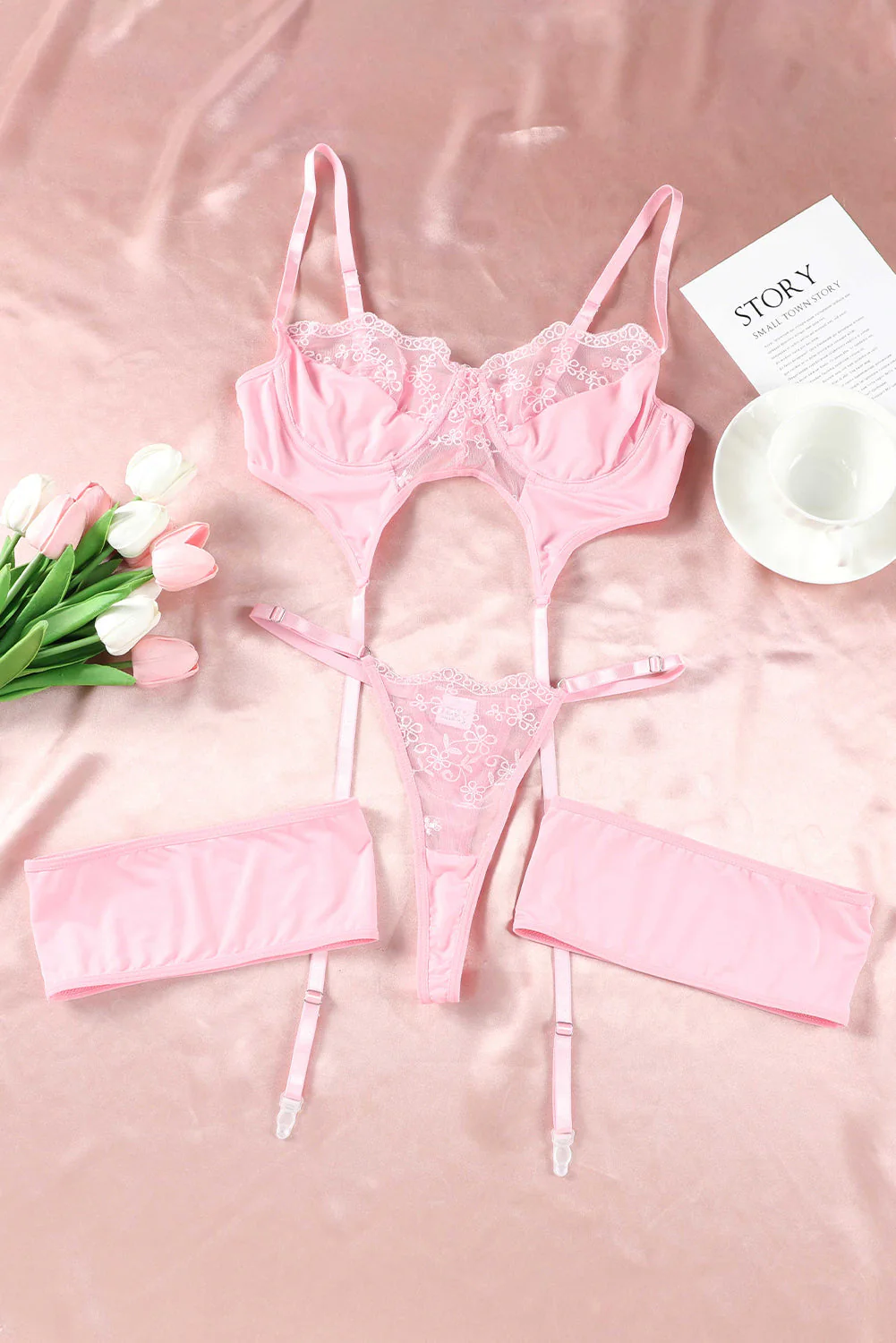 Pink Sheer Lace 3Pcs Garter Belt Lingerie Set - Image 7