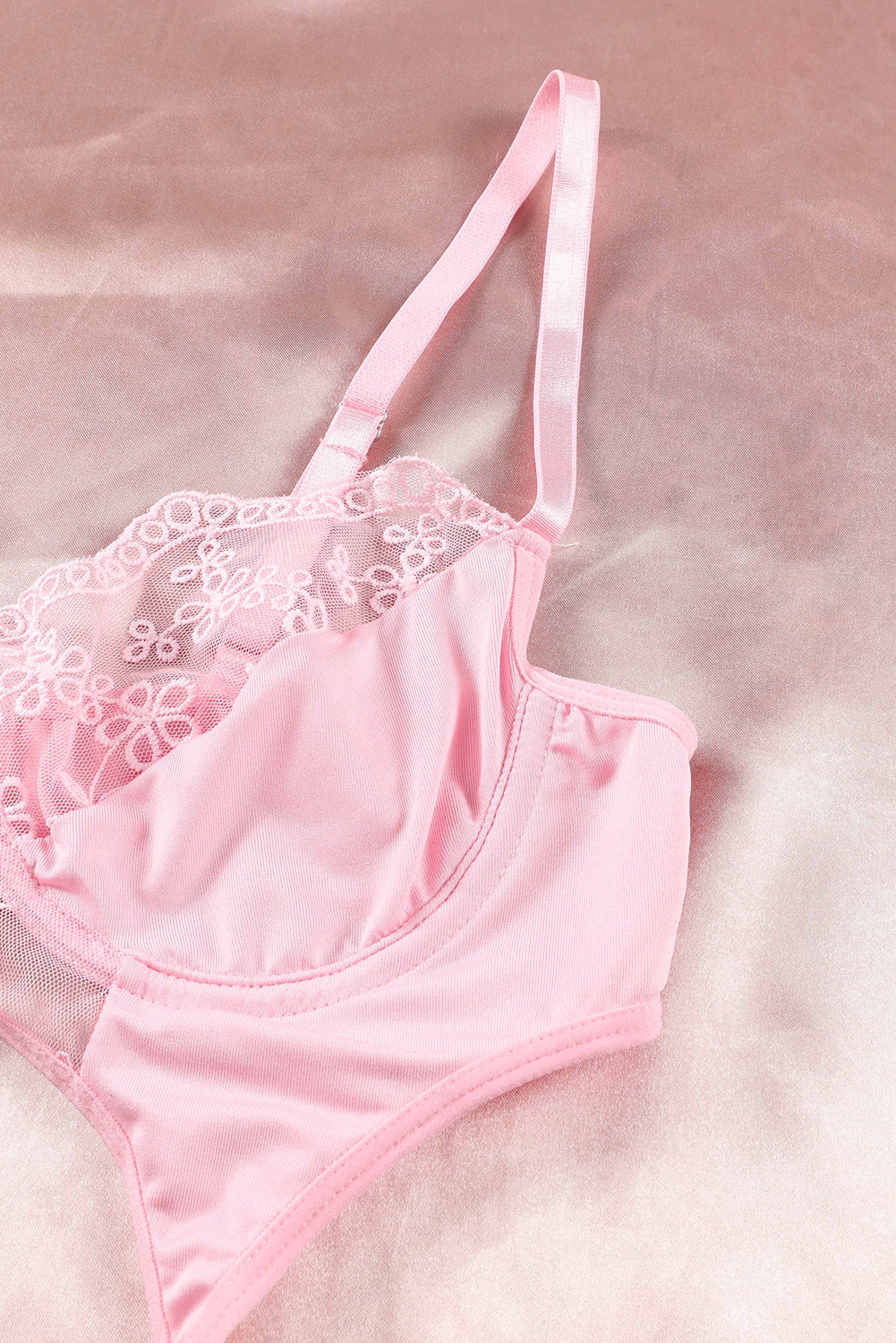 Pink Sheer Lace 3Pcs Garter Belt Lingerie Set - Image 9