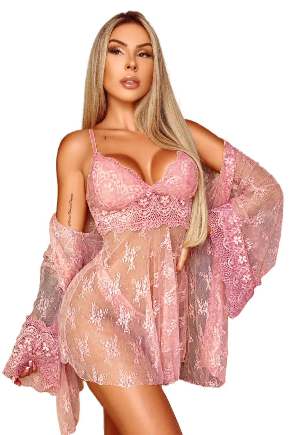 Pink V Neck Adjustable Straps Lace Splicing Babydoll With Thong - Image 10
