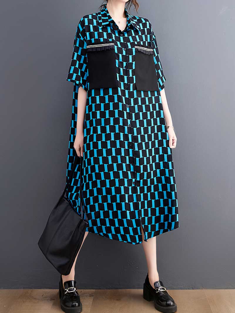 Plaid Print Cotton Front Pockets Shirt Dress - Image 2