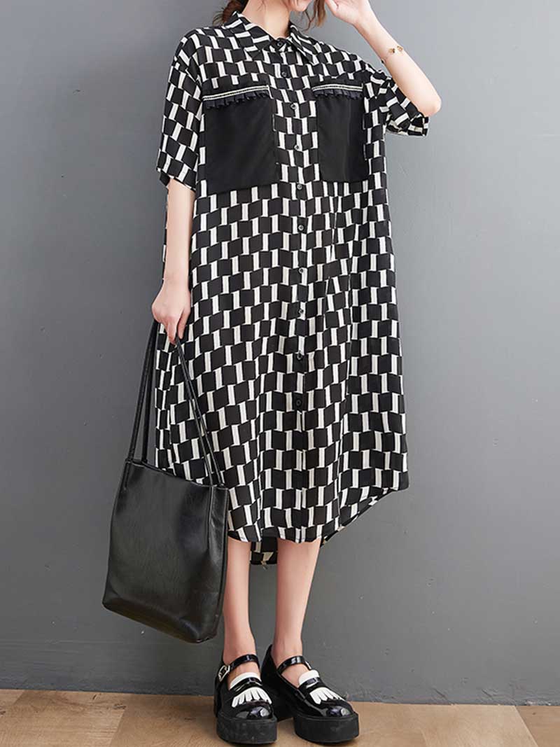 Plaid Print Cotton Front Pockets Shirt Dress - Image 3