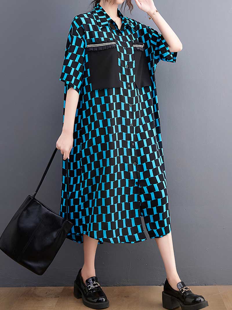 Plaid Print Cotton Front Pockets Shirt Dress - Image 5