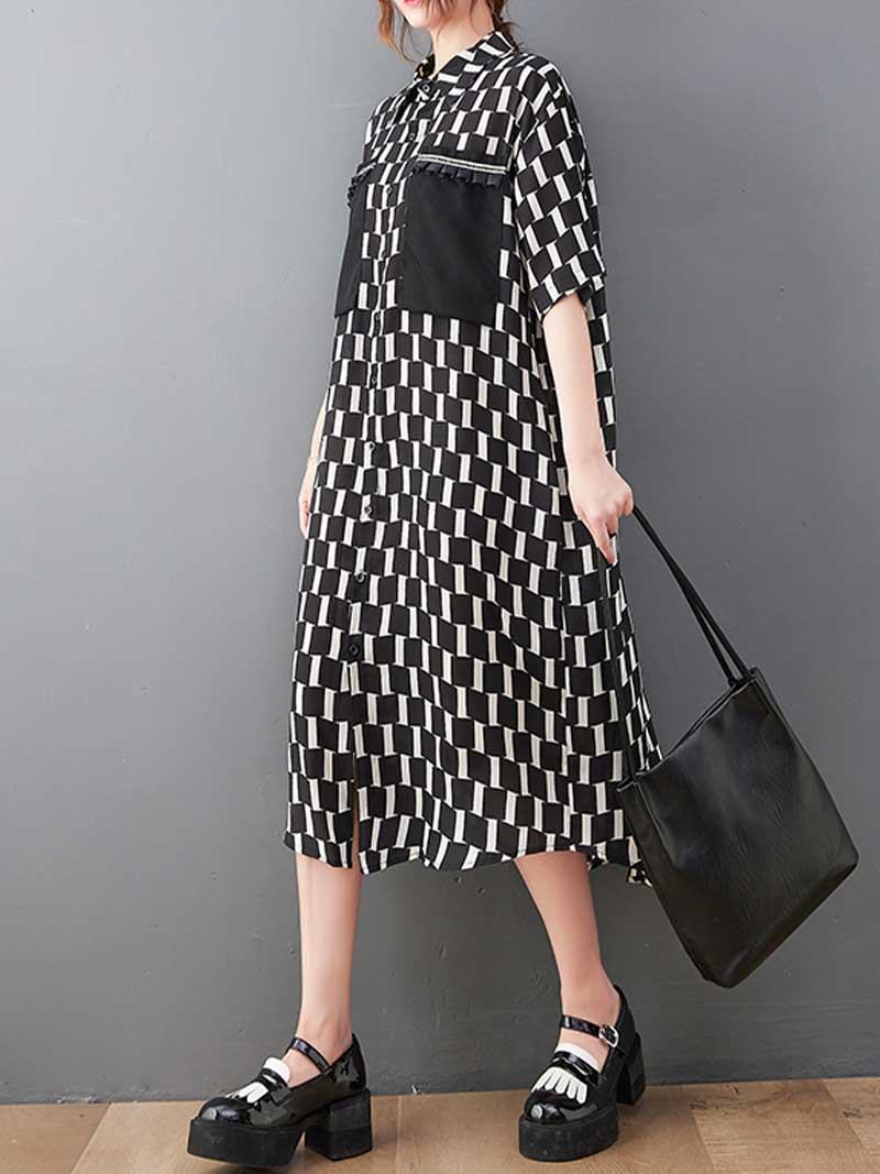 Plaid Print Cotton Front Pockets Shirt Dress - Image 9