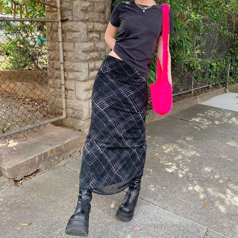 Plaid Printed High Waist Mesh Panel Bodycon Midi Skirt - Black - Image 2