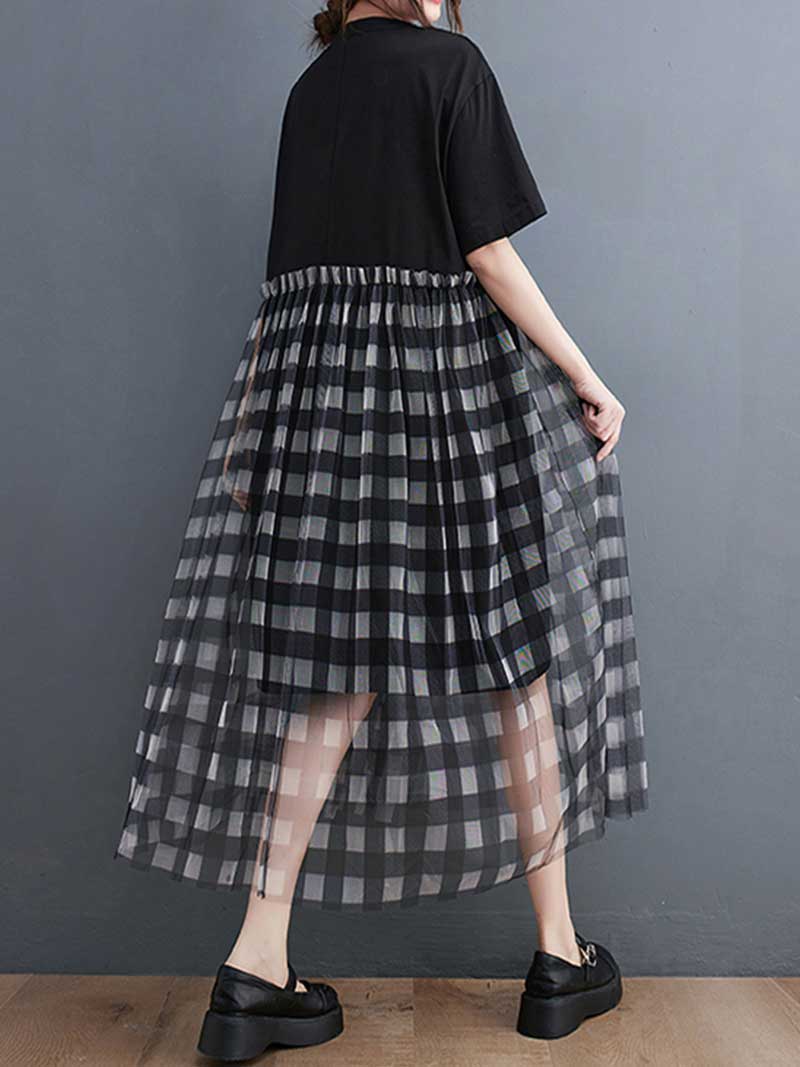 Plaid Round Neck Short Sleeves Smock Dress - Image 2