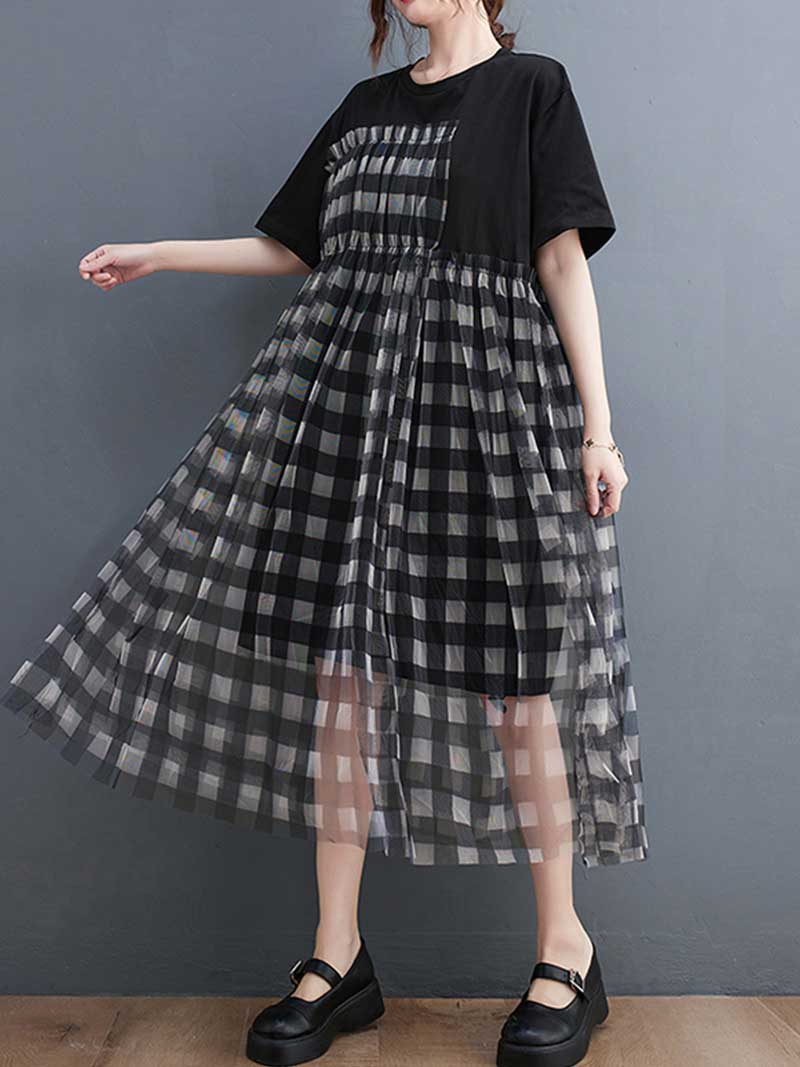 Plaid Round Neck Short Sleeves Smock Dress - Image 3