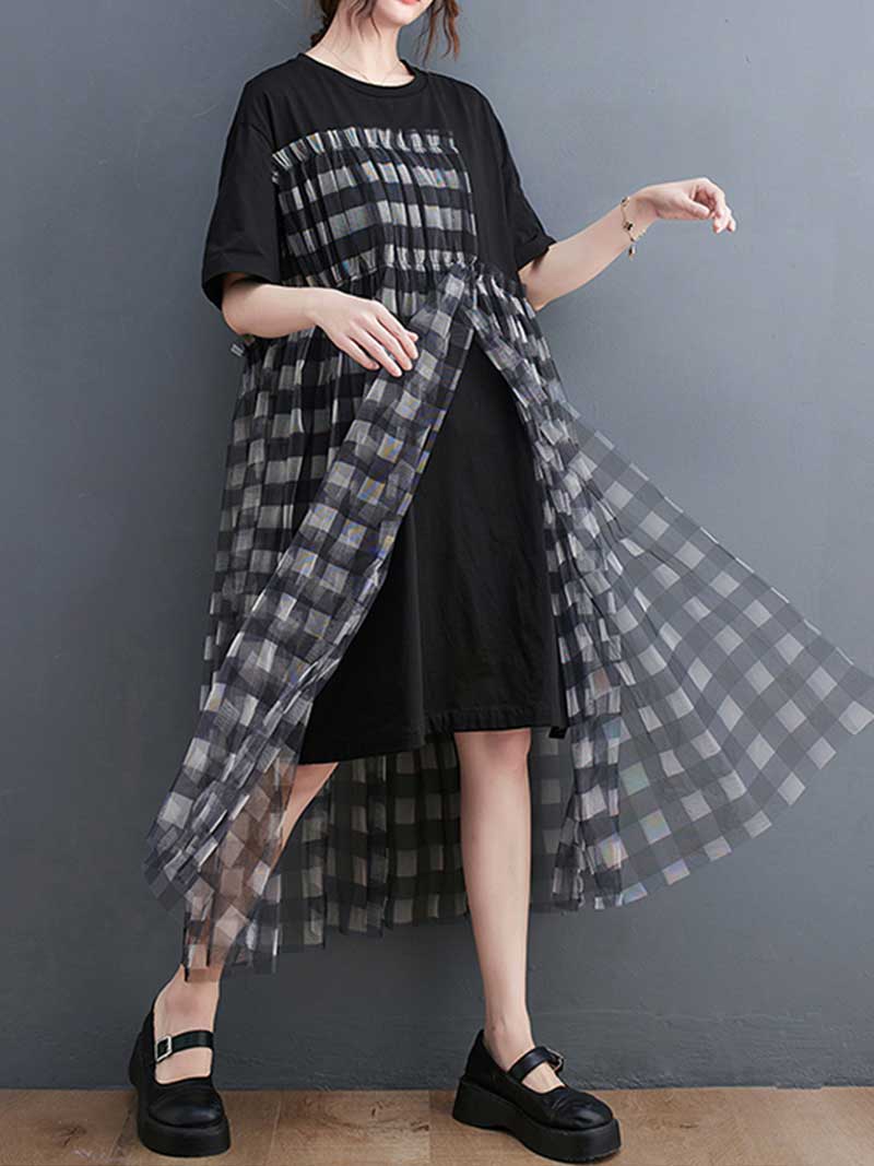 Plaid Round Neck Short Sleeves Smock Dress - Image 4