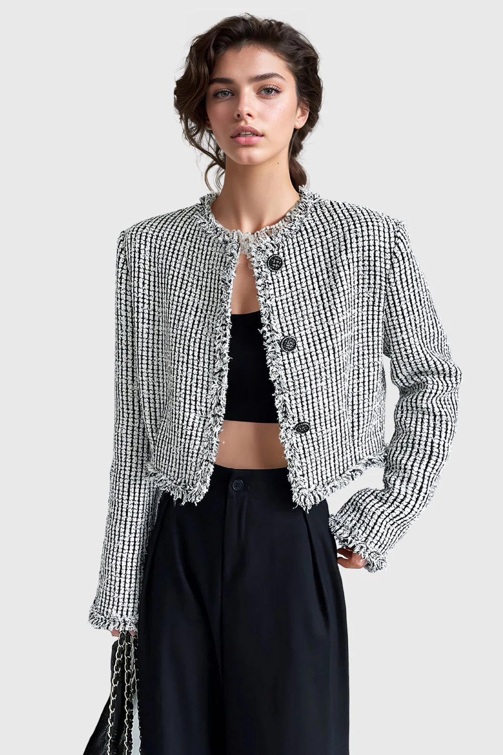 Plaid Short Tweet Jacket - White & Black - Image 2