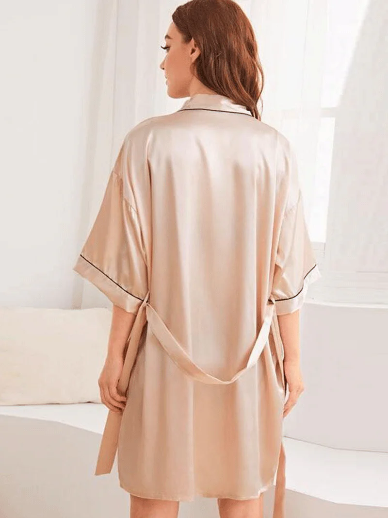 Silk Kimono Robe Plain Beige Color Short Length Gown Kimono Duster Robe - Image 2