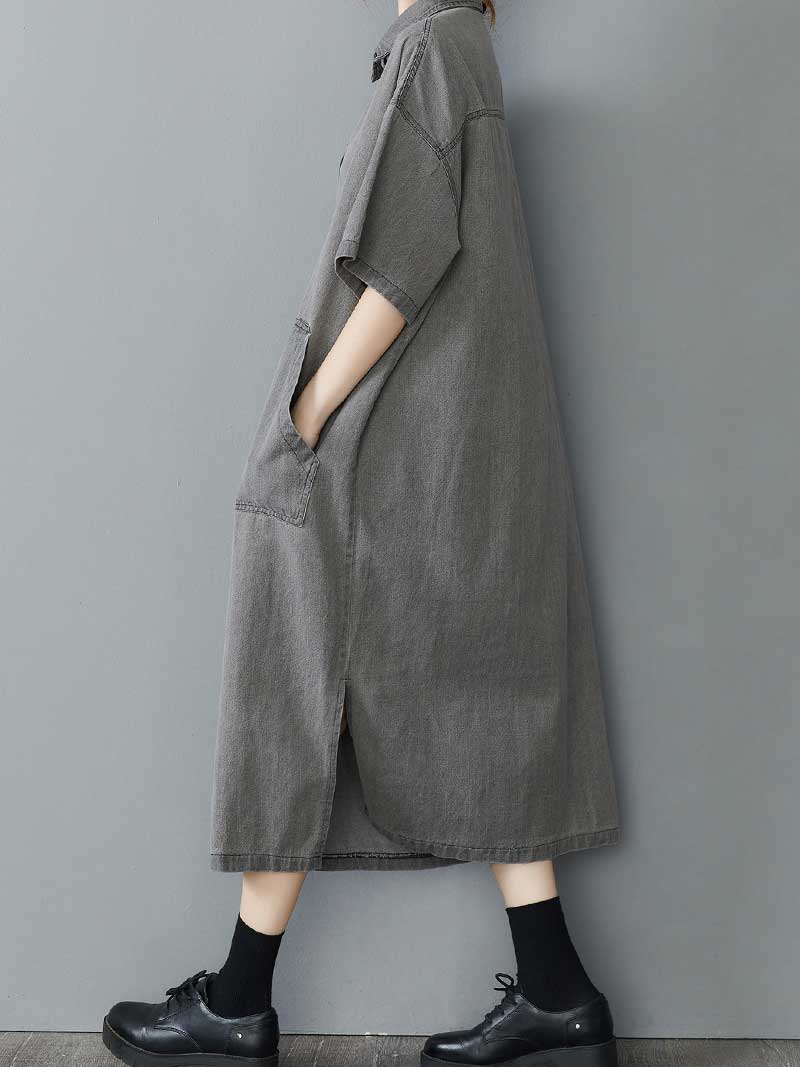 Plain Cotton Grey Color Short Sleeve Midi Dress - Image 2