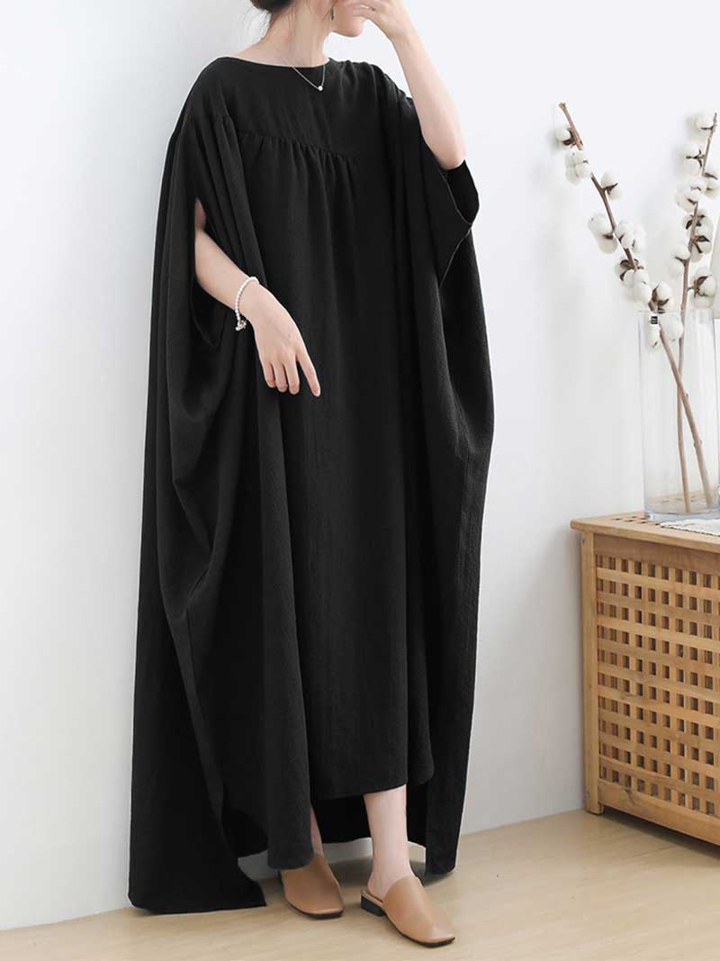 Plain Cotton Round-Neck Bat Sleeves Kaftan Dress - Image 2