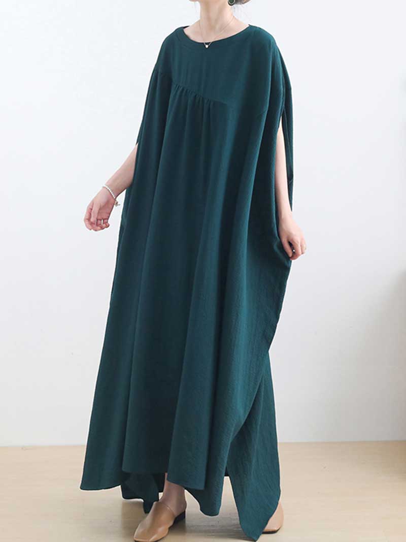 Plain Cotton Round-Neck Bat Sleeves Kaftan Dress - Image 3