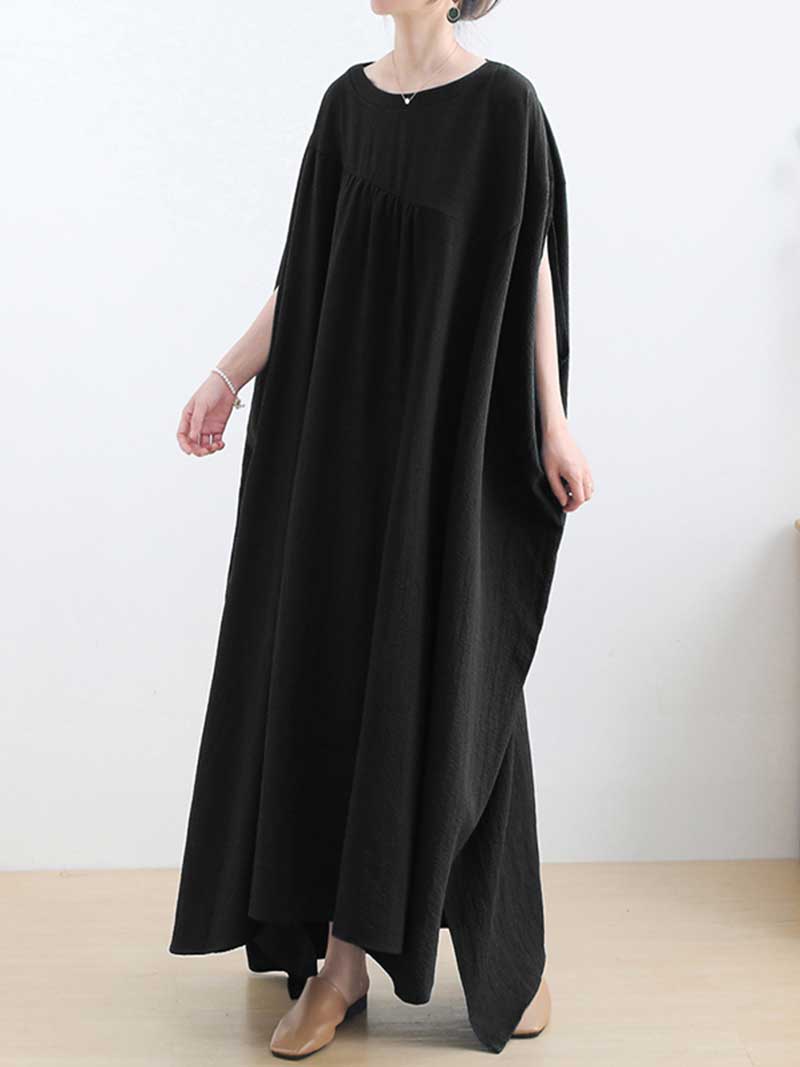 Plain Cotton Round-Neck Bat Sleeves Kaftan Dress - Image 4