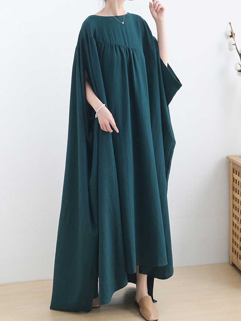 Plain Cotton Round-Neck Bat Sleeves Kaftan Dress - Image 5