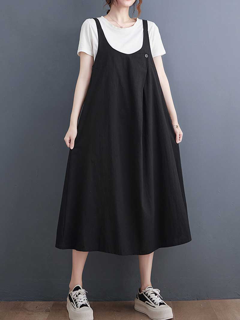 Plain Cotton Round-Neck Salopette Dress - Image 2