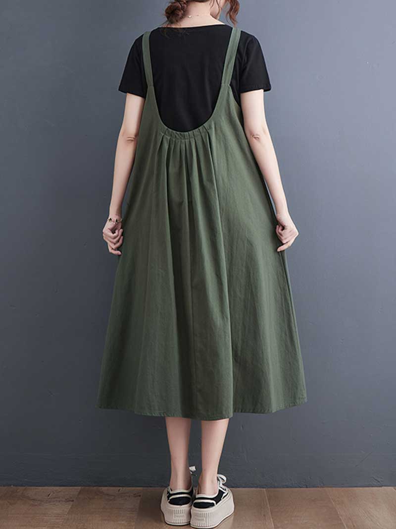 Plain Cotton Round-Neck Salopette Dress - Image 3
