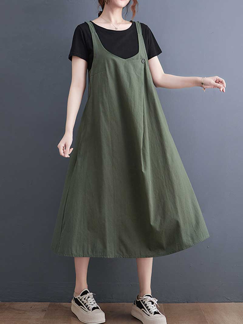 Plain Cotton Round-Neck Salopette Dress - Image 5