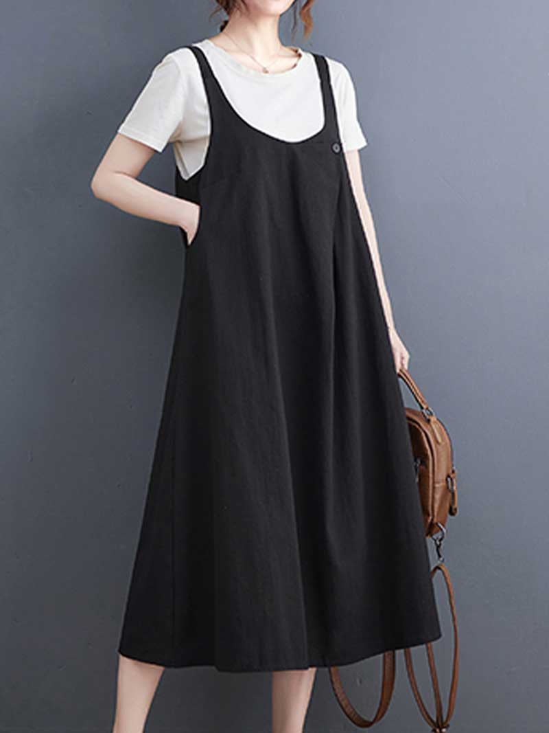 Plain Cotton Round-Neck Salopette Dress - Image 6