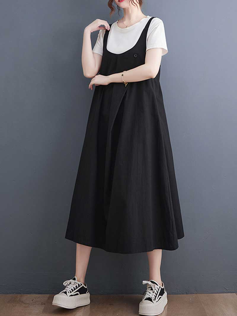 Plain Cotton Round-Neck Salopette Dress - Image 7