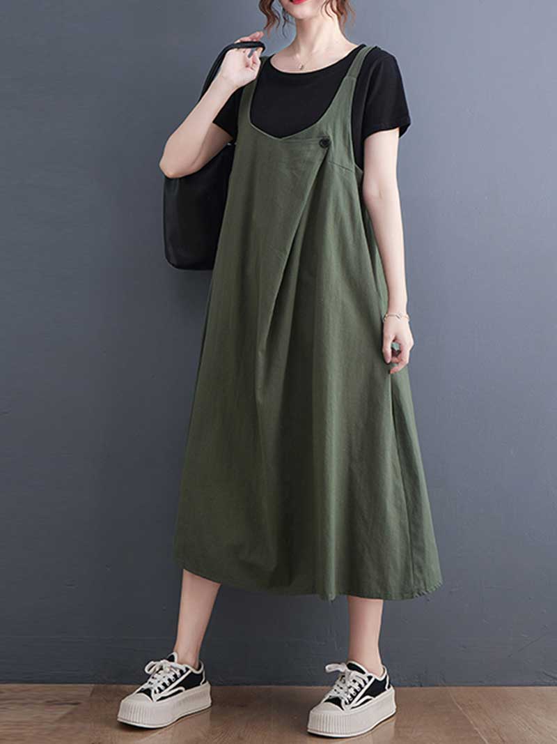 Plain Cotton Round-Neck Salopette Dress - Image 8