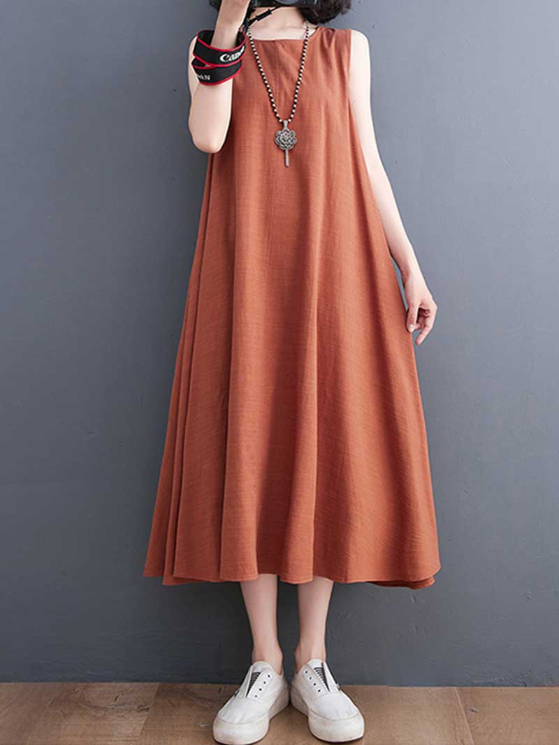Plain Cotton Round Neck Sleeveless Midi Dress - Image 2