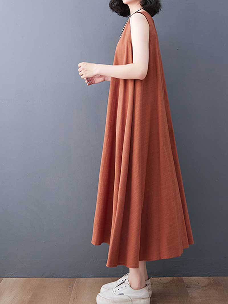 Plain Cotton Round Neck Sleeveless Midi Dress - Image 4