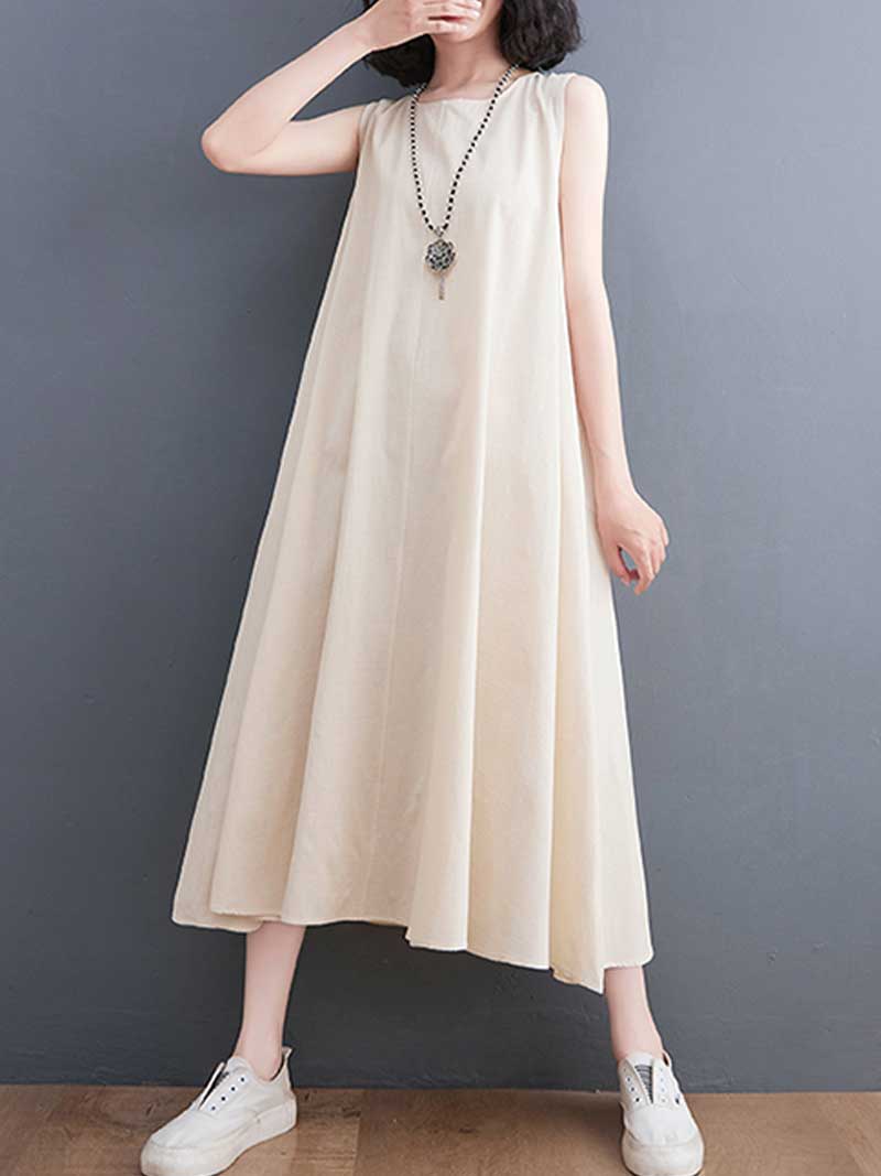 Plain Cotton Round Neck Sleeveless Midi Dress - Image 5